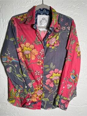 Cino Floral Bird Print Cotton Button Front Boho Shirt Small